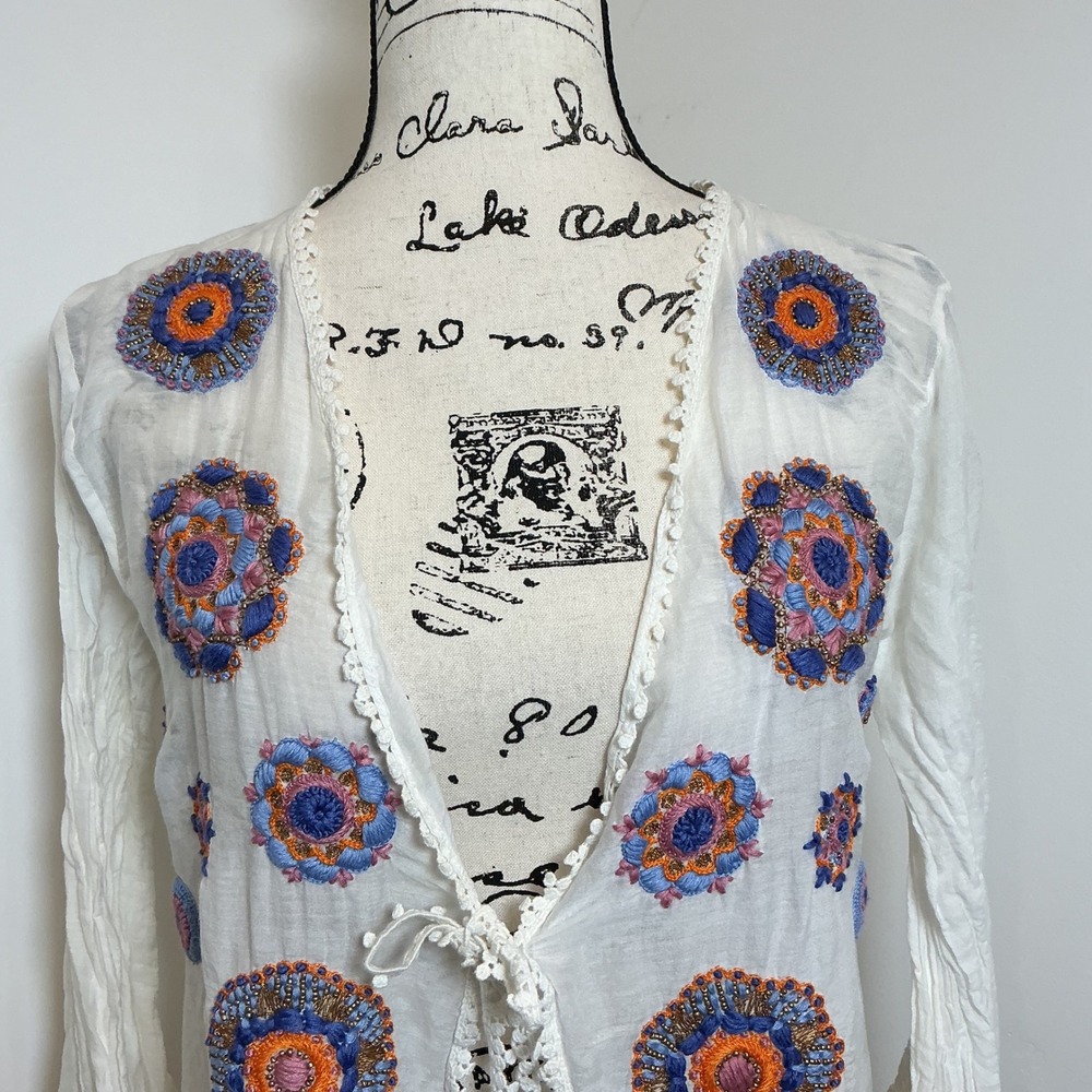 OndadeMar White Embroidered Crochet Lace Kimono Cover Up Tunic M - Picture 2 of 7